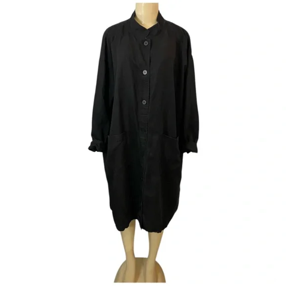 Eileen Fisher Tencel Linen Long Jacket Size M/L Black Button Down - Picture 2 of 10